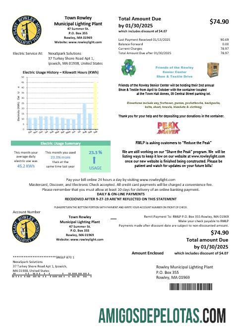 Para baixar modelo de conta de serviços públicos de eletricidade, cidade de Rowley, EUA, Massachusetts, em formatos Word e PDF